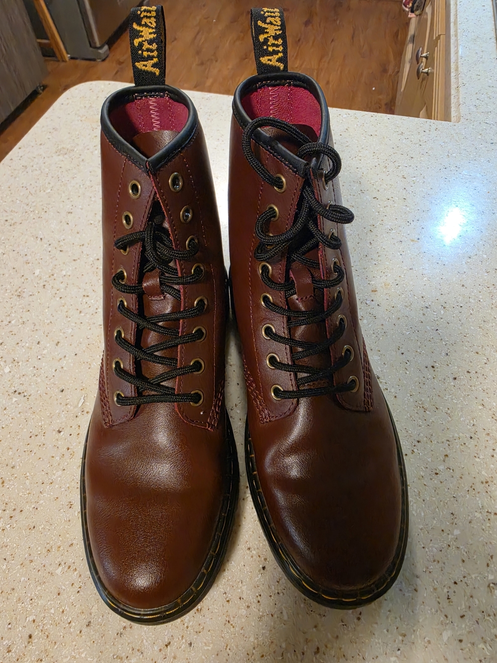 Dr. Martens Women's Brown Merlot Leather Lace-Up Boots with Black Laces.